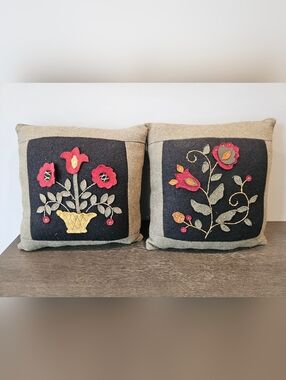 Handmade Wool Appliqué Floral Throw Pillow Pair in Black, Red, Mustard